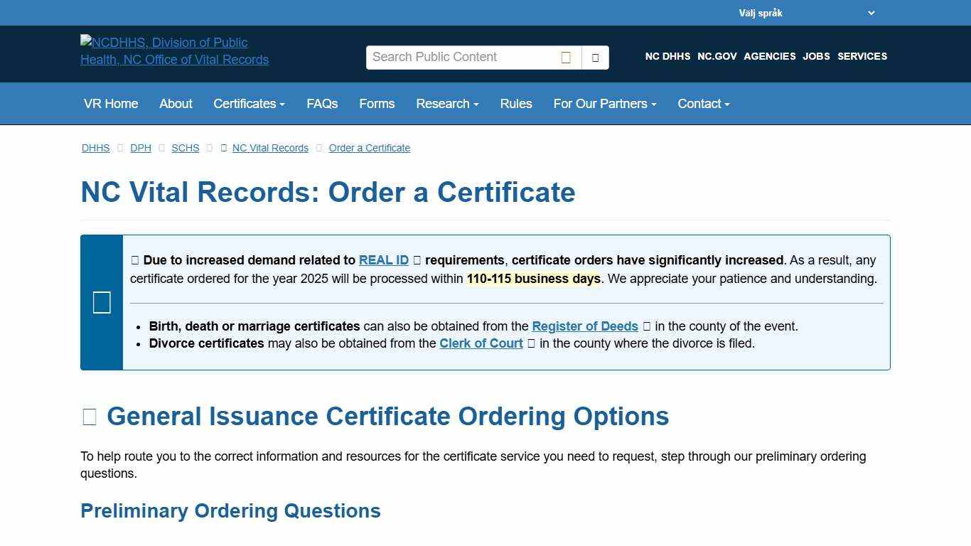 NCDHHS: DPH: NC Vital Records: Order a Certificate
