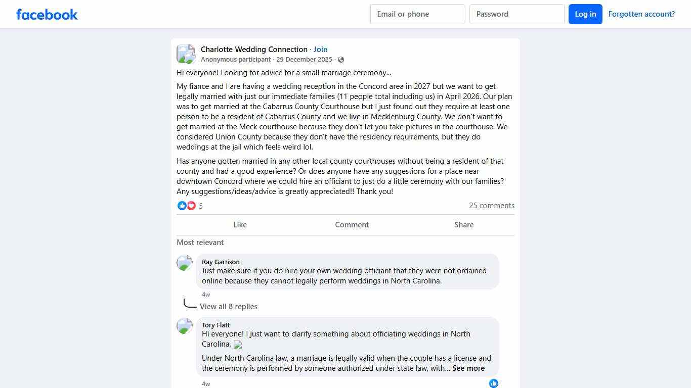 Charlotte Wedding Connection Hi everyone! Looking for advice for a small marriage ceremony.. Facebook